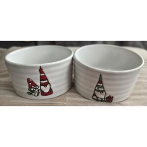 Lucinda Wei Christmas Gnome Ceramic Ramekin Bowls Set of 2 White Ribbed Holiday